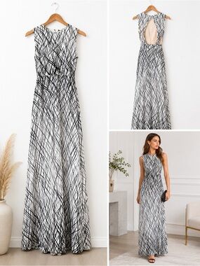 BCBGMaxAzria Chloe Open Back Black White Brushstroke Maxi Gown